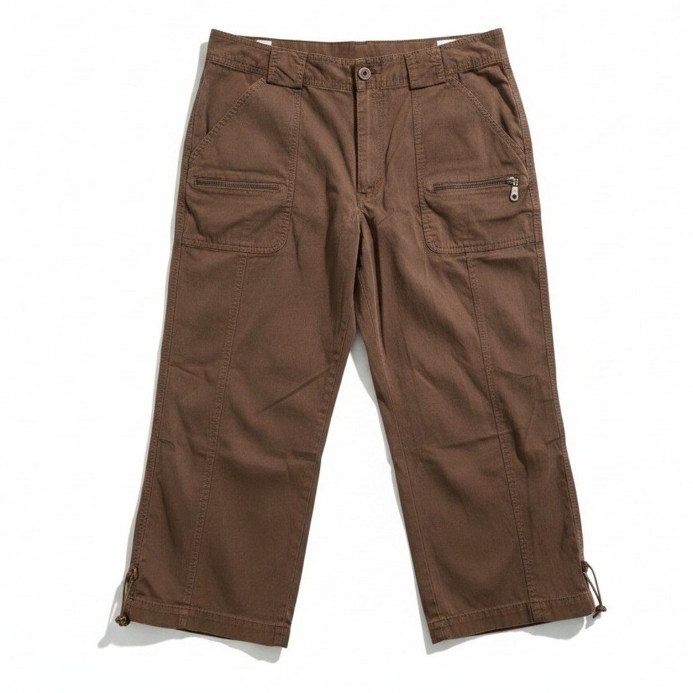Bay Studio Khakis Brown Utility Cargo Cropped Pants Drawstring Hem, Women's 14